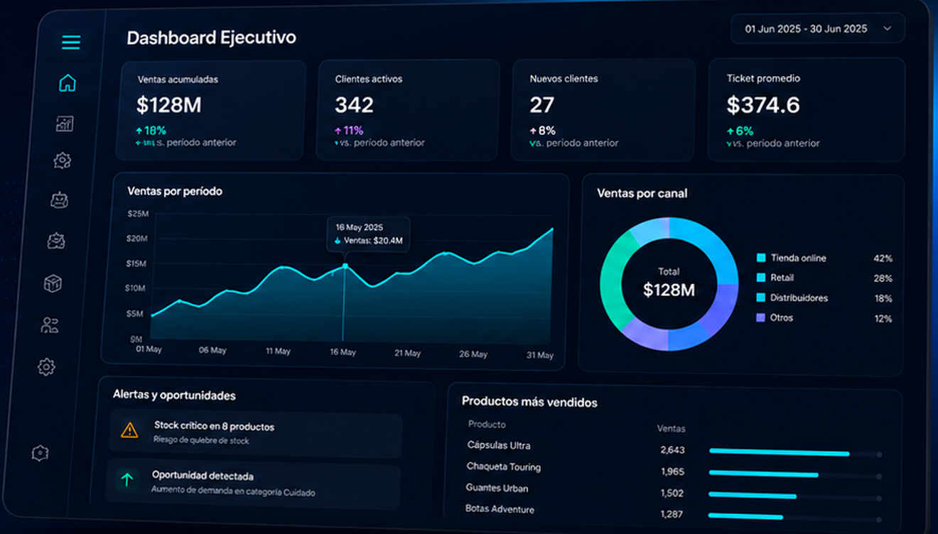 Dashboard ejecutivo con KPIs, gráficos y panel comercial